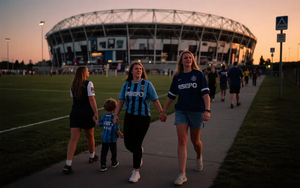 亲子与女性观赛者在城市夜景与球场外的安全动线示意