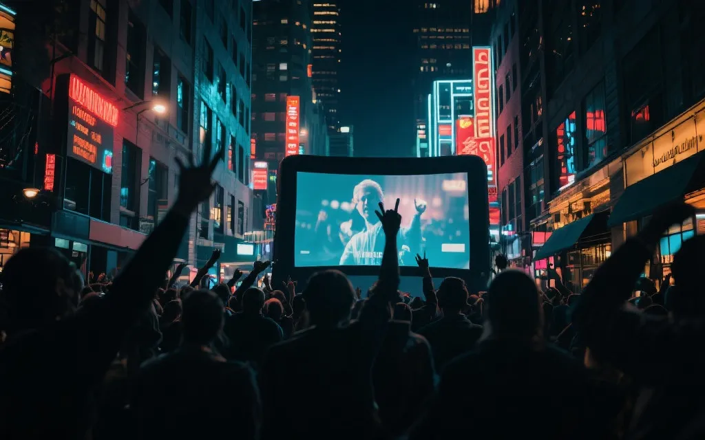 费城夜生活街区的世界杯观赛氛围，大屏、霓虹灯与人群剪影