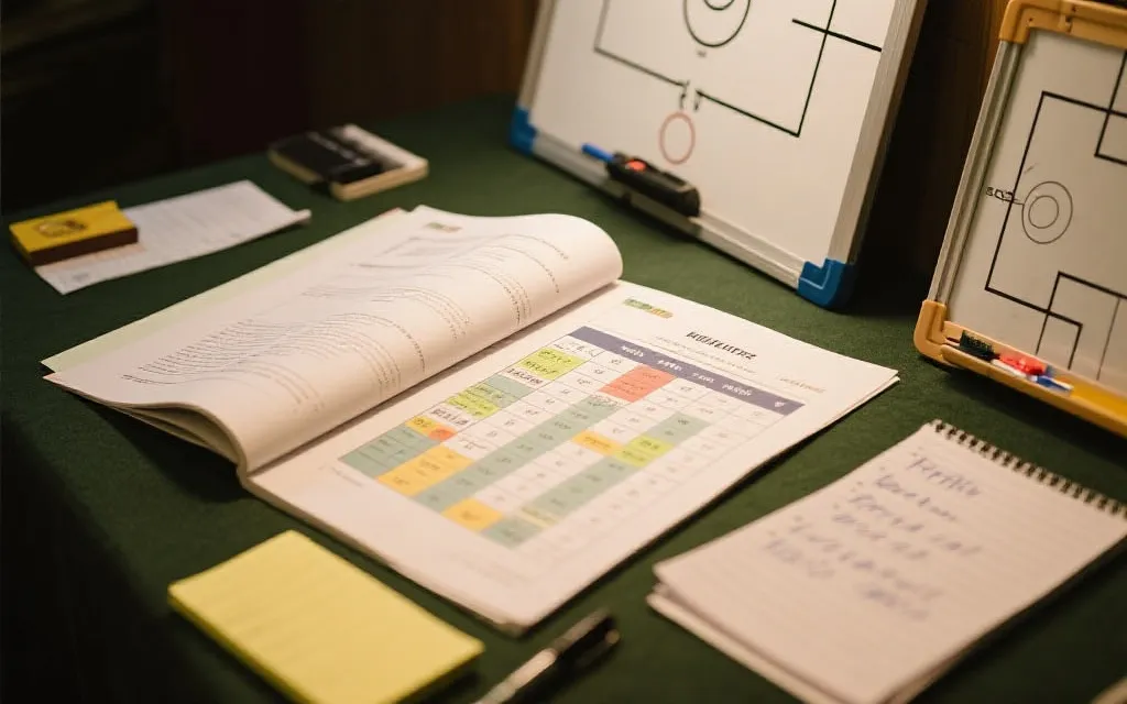 桌面上摊开的比赛报告与对阵表，旁边有笔记与战术板元素