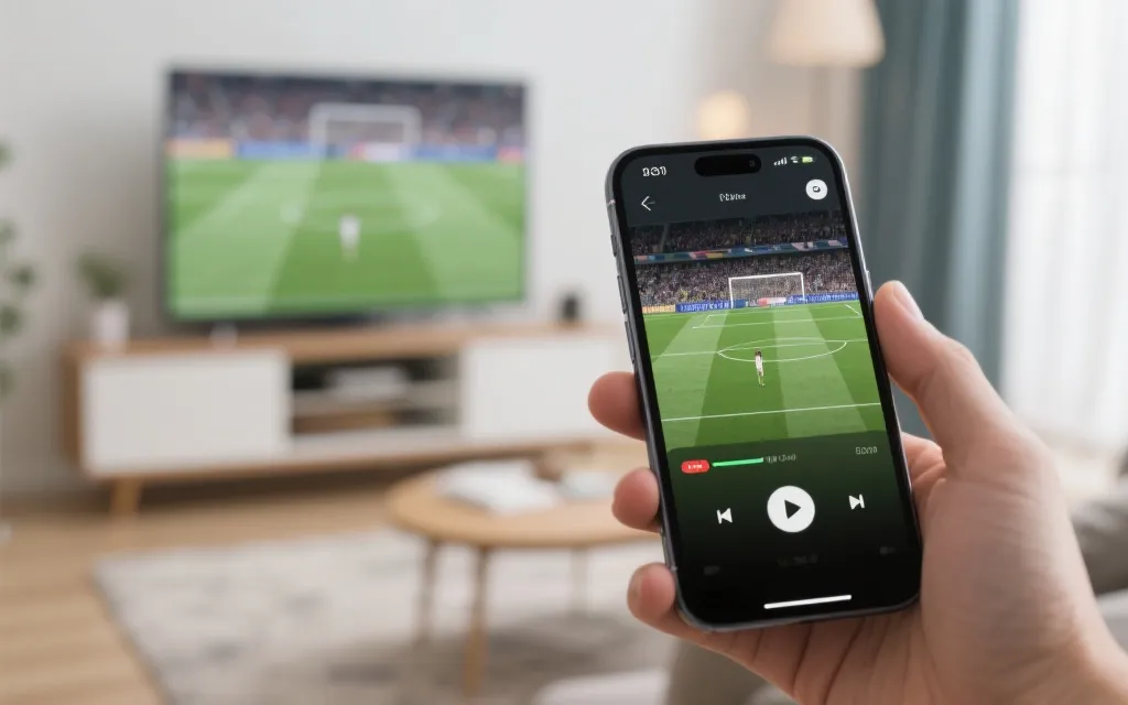 手机与电视投屏观看足球直播的操作场景